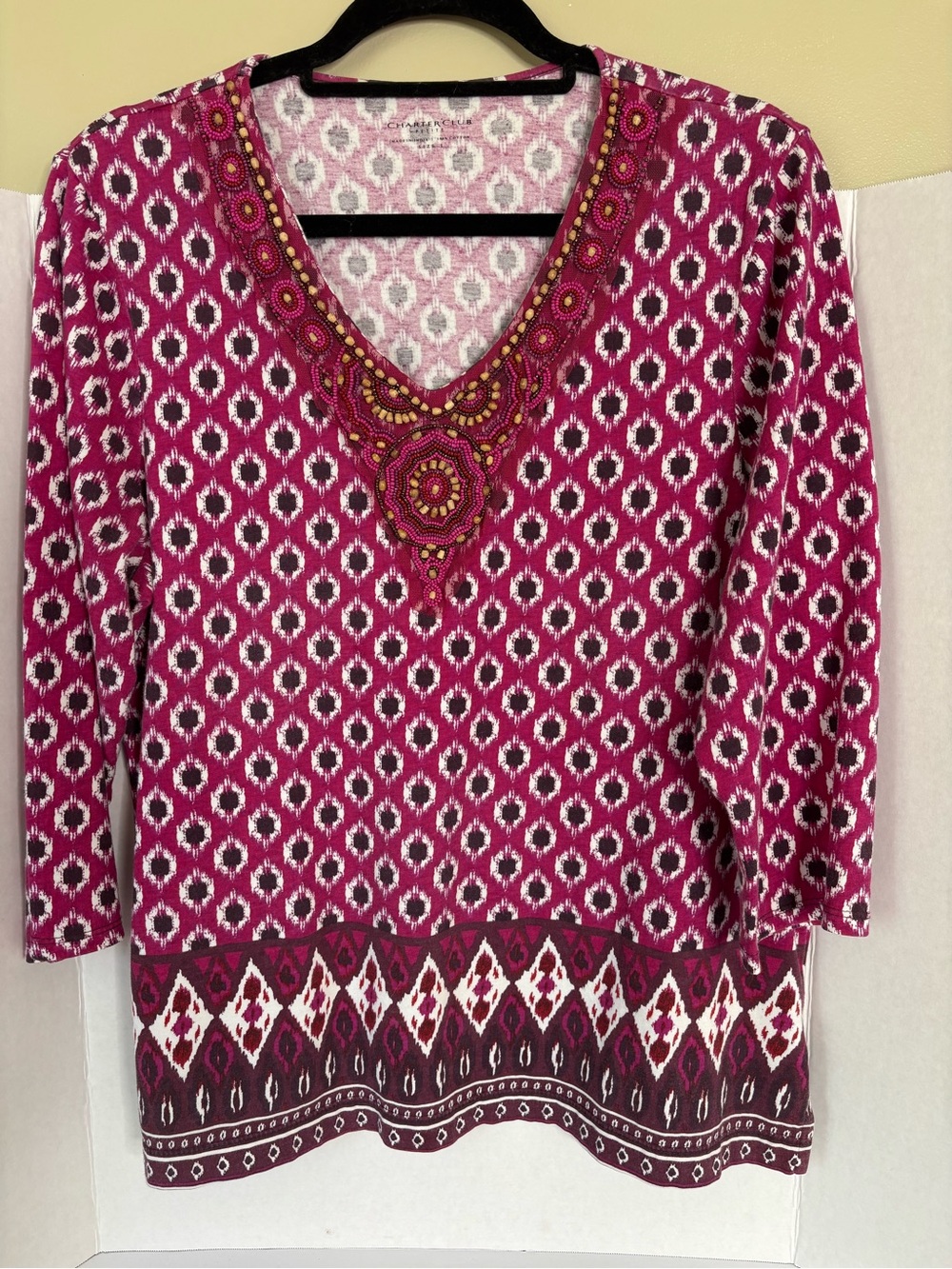 Size L Charter Club Fuchsia Geometric Embroidered Beaded. Tunic